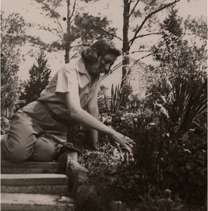 Black-and-white photo of Eudora Welty gardening on the steps leading to the upper garden.