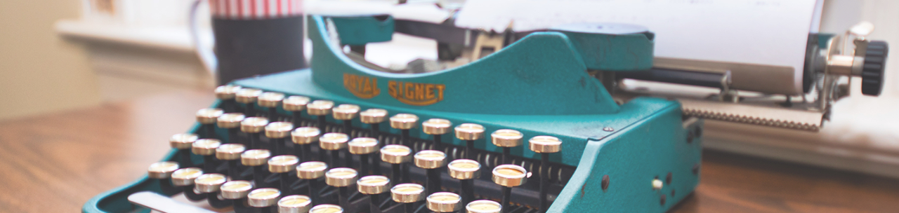 A blue typewriter at the Eudora Welty House & Garden Education and Visitors Center.