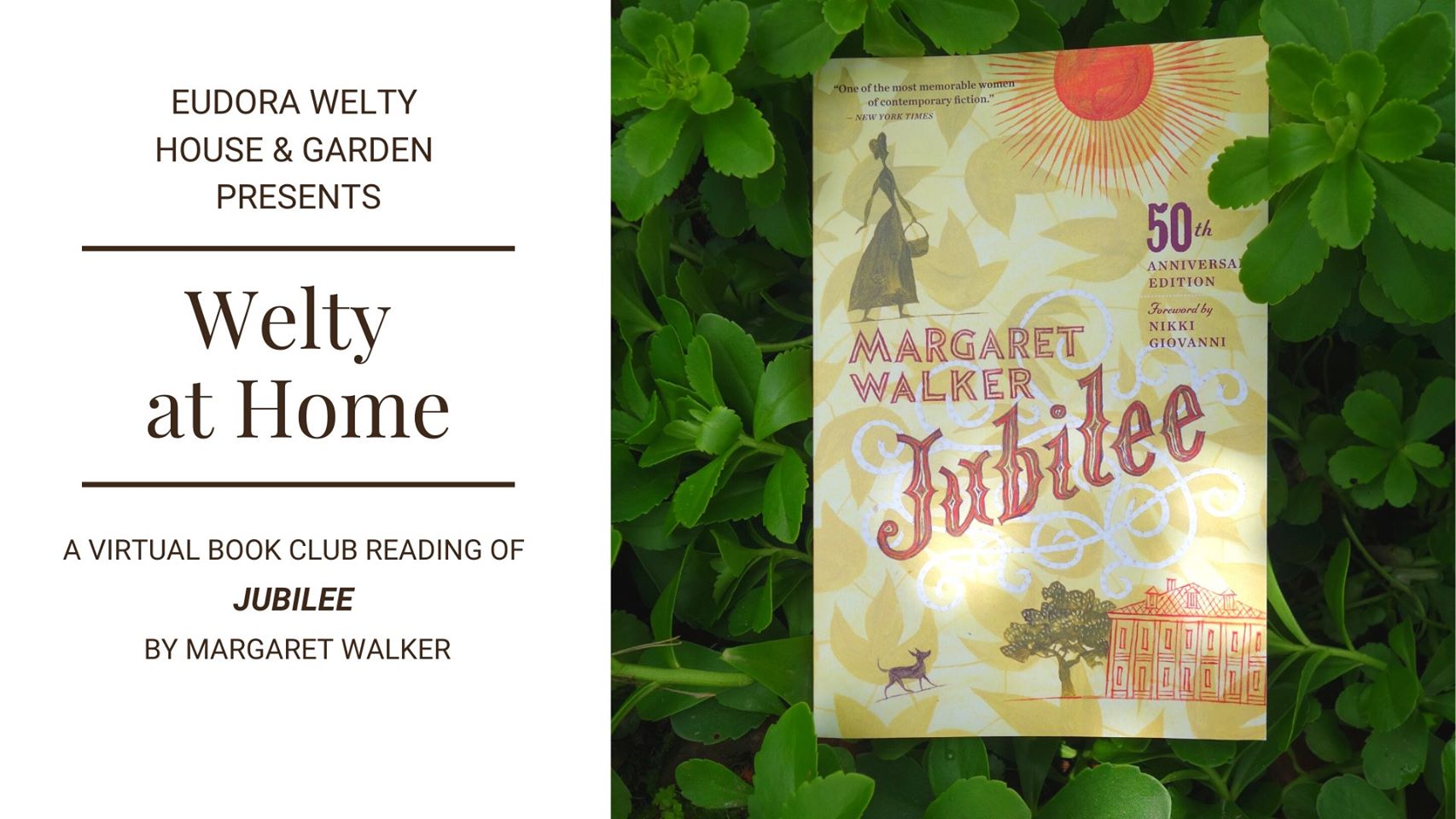 Cover of Jubilee book by Margaret Walker framed by greenery next to text graphic of book club details