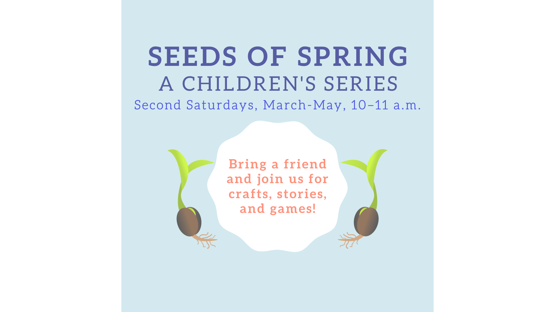Seeds of Spring in blue letters on a light blue background flanked by an illustration of green seedlings sprouting from seeds
