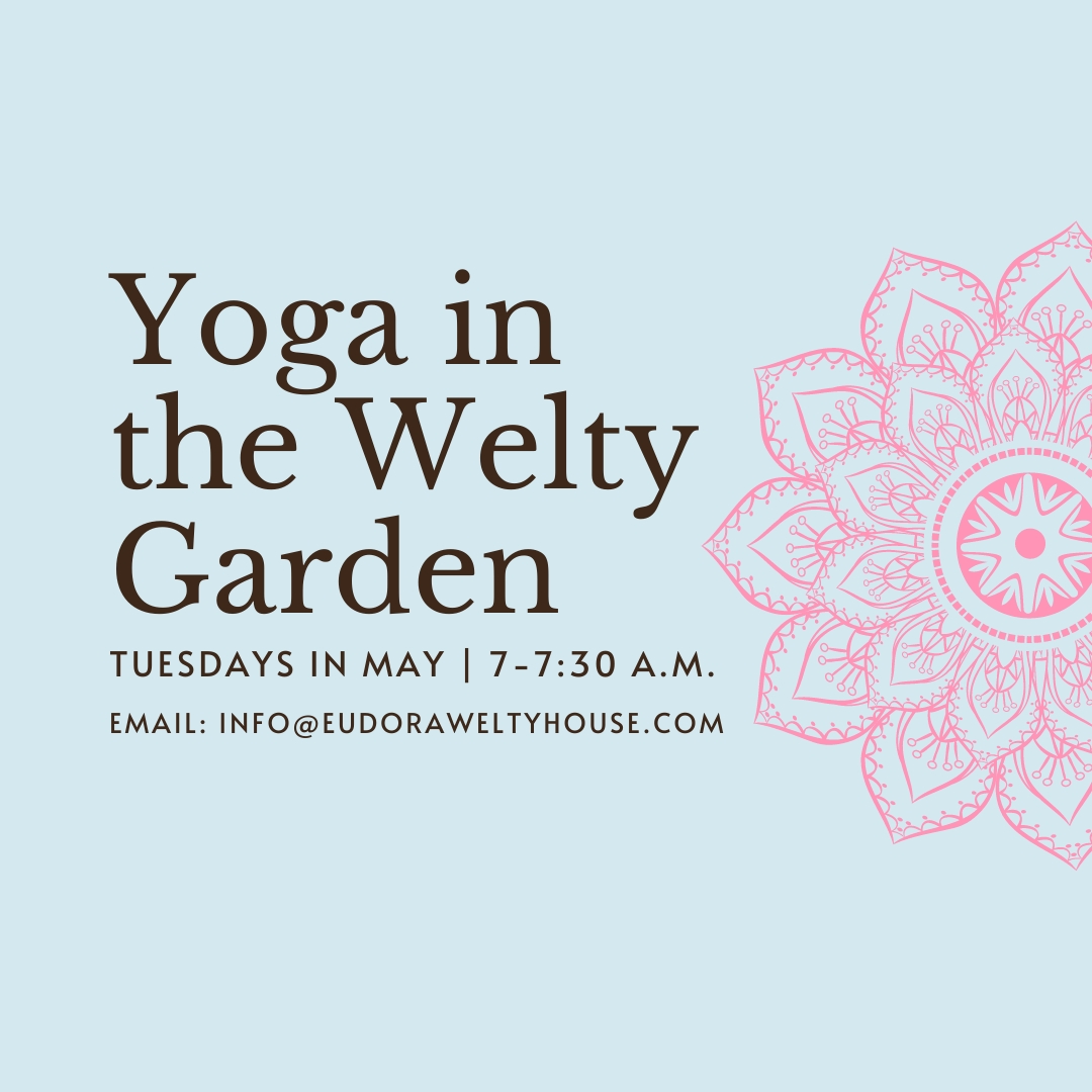 Blue background with pink mandala design behind text that says Yoga in the Welty Garden