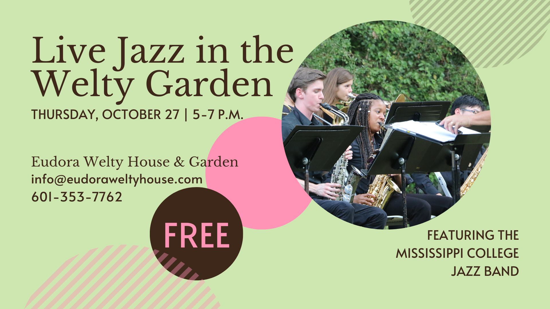 Event graphic for Live Jazz in the Welty Garden text on green background with image of musicians playing instruments outdoors