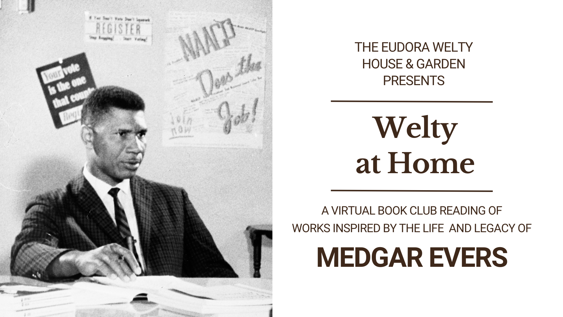 Black and white photograph of Medgar Evers in a suit and tie at his desk next to information on Book Club