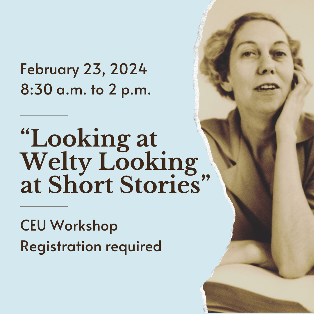 Dark brown text on a light blue background next to a photograph of Eudora Welty in front of a book with her hand on her cheek. 