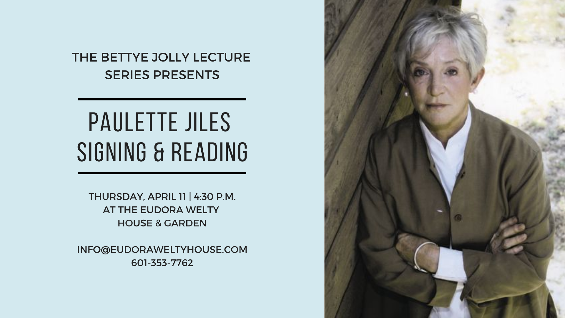 Information about Paulette Jiles delivering the Bettye Jolly Lecture on a light blue background next to a press photo of Jiles with arms crossed wearing a tan jacket
