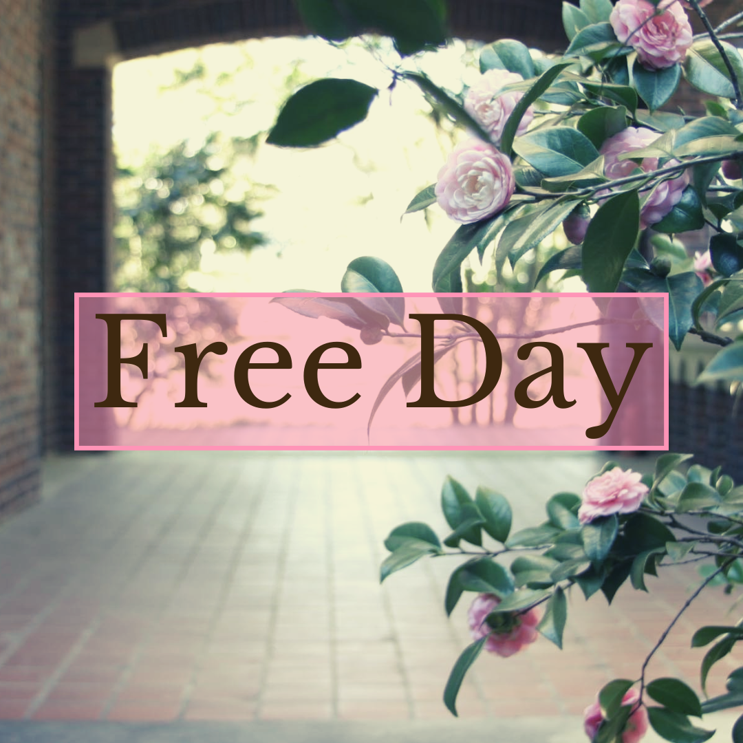 A pink camellia branch with green leaves extends into view under a brick archway, illuminated by natural light. The words 'Free Day' are centered in bold brown letters, framed by a soft pink box.