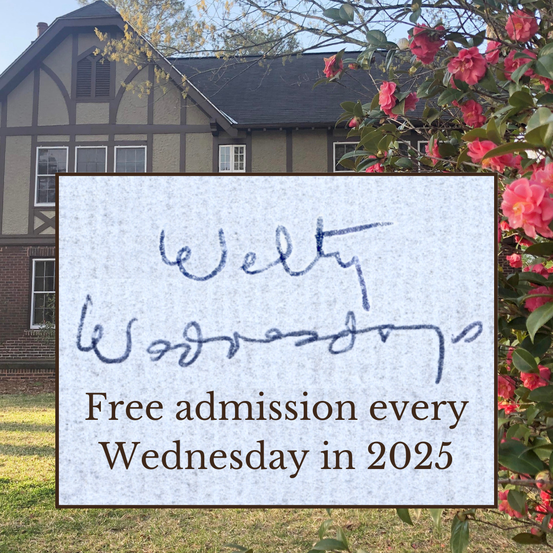 A photo of the Eudora Welty House with pink camellias blooming in the foreground. Superimposed is a box featuring Eudora Welty's handwritten text, 'Welty Wednesdays,' in blue ink on a textured background. Below the handwriting, printed text reads: 'Free admission every Wednesday in 2025.'