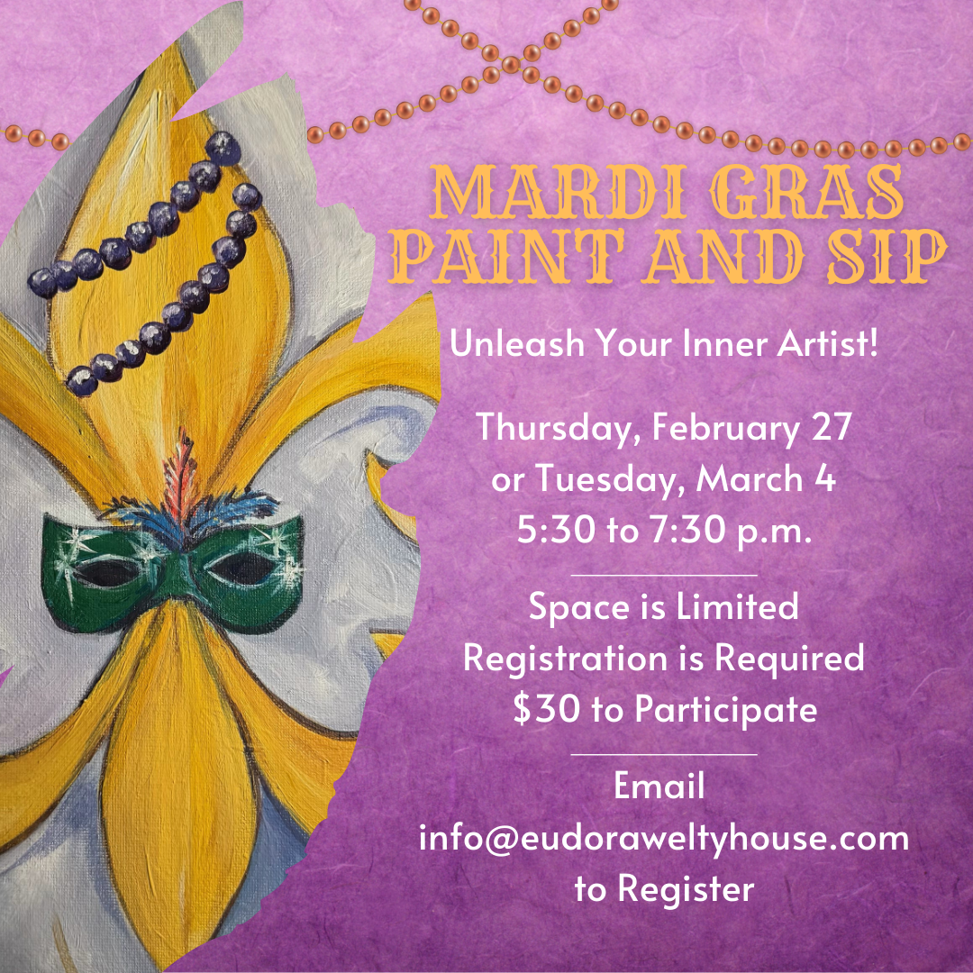 Mardi Gras Paint and Sip flyer with a textured purple background. It features an acrylic painting of a fleur-de-lis adorned with a green mask and strands of Mardi Gras beads. Event details, including dates, time, registration fee, and contact email, are displayed in gold and white text.