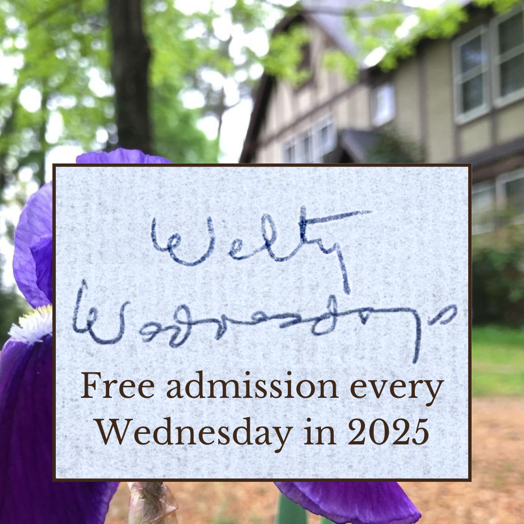 A promotional graphic for Welty Wednesdays, featuring a blooming purple iris in front of the Eudora Welty House. A textured inset showcases "Welty Wednesdays" in Eudora's handwriting, with text below announcing free admission every Wednesday in 2025.
