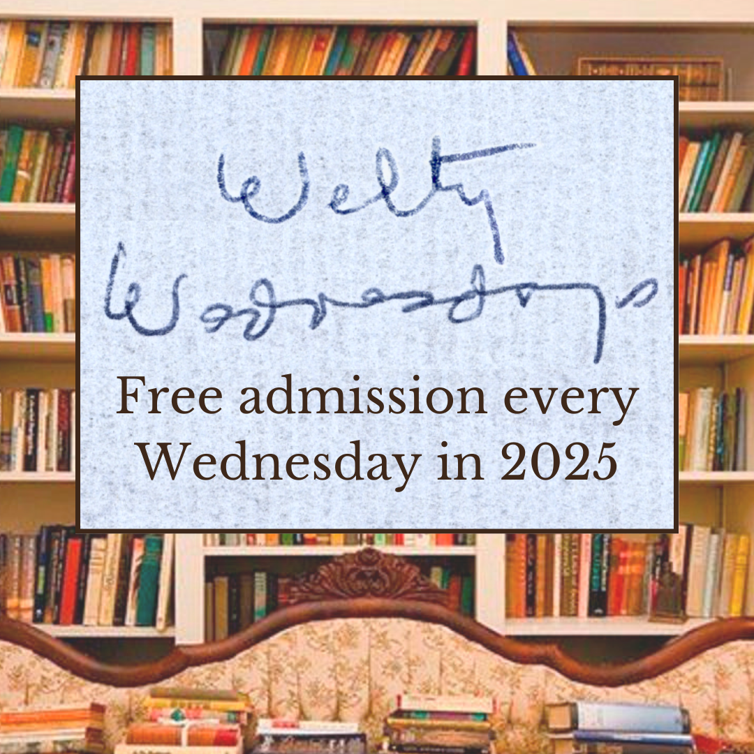 Graphic for “Welty Wednesdays.” The background shows the bookshelves in Eudora Welty’s living room, with her floral sofa in front. Stacks of books rest on the sofa cushions. Centered over the image is a textured square featuring “Welty Wednesdays” in Eudora Welty’s handwriting, with the text below: “Free admission every Wednesday in 2025.”