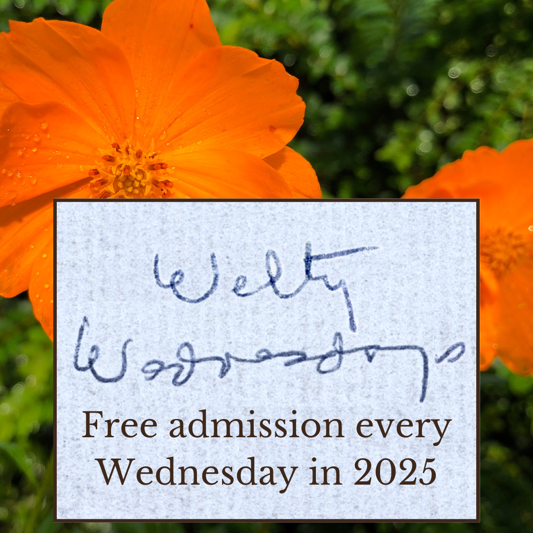 Graphic with bright orange cosmos flowers in the background and a text box in the center reading “Welty Wednesdays” in Eudora Welty’s handwriting. Below, text says “Free admission every Wednesday in 2025.”