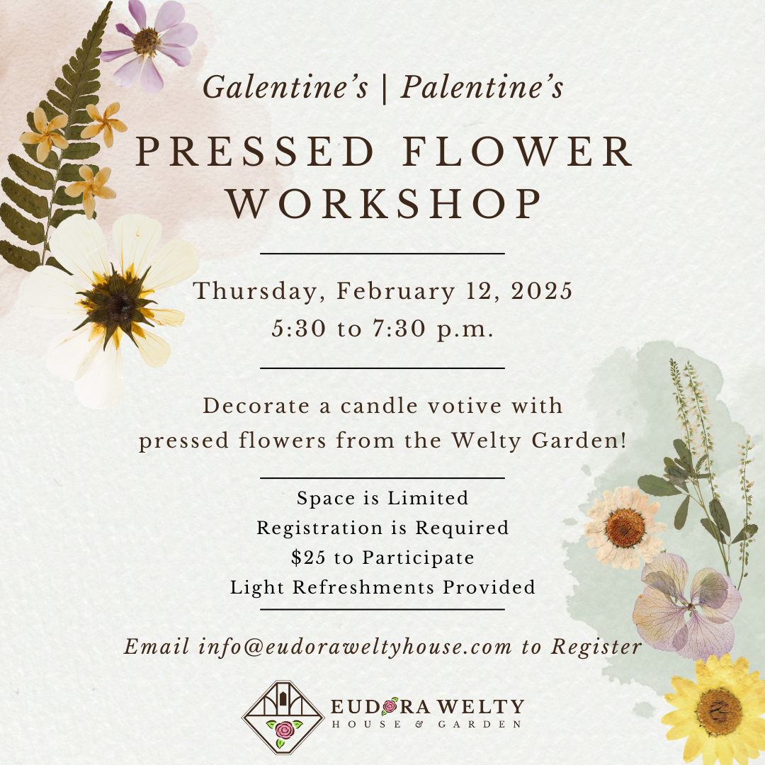 graphic for galentine's | palentine's pressed flower workshop on Thursday, February 12 at 5:30 p.m. Background of graphic is paper texture with watercolor spills and pressed dried flowers at the top right and bottom left corners. Overlaid text is the workshop information.