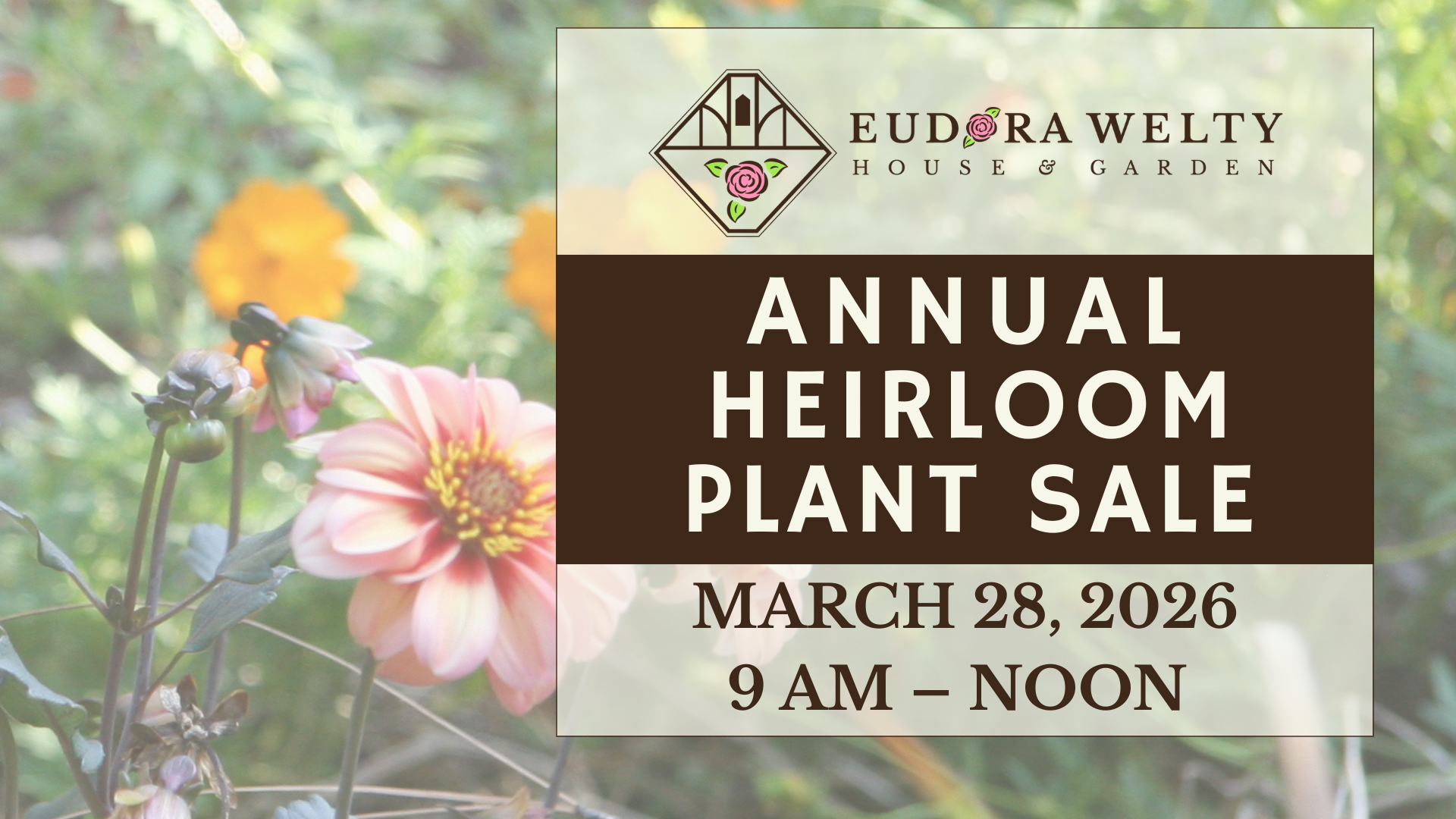Promotional graphic for Eudora Welty House & Garden 2026 Heirloom Plant Sale. The background is a pink dahlia and orange cosmos in the Welty Garden. Overlaid is the EWHG logo and the following text: "ANNUAL HERILOOM PLANT SALE; MARCH 28, 2026; 9AM-NOON"