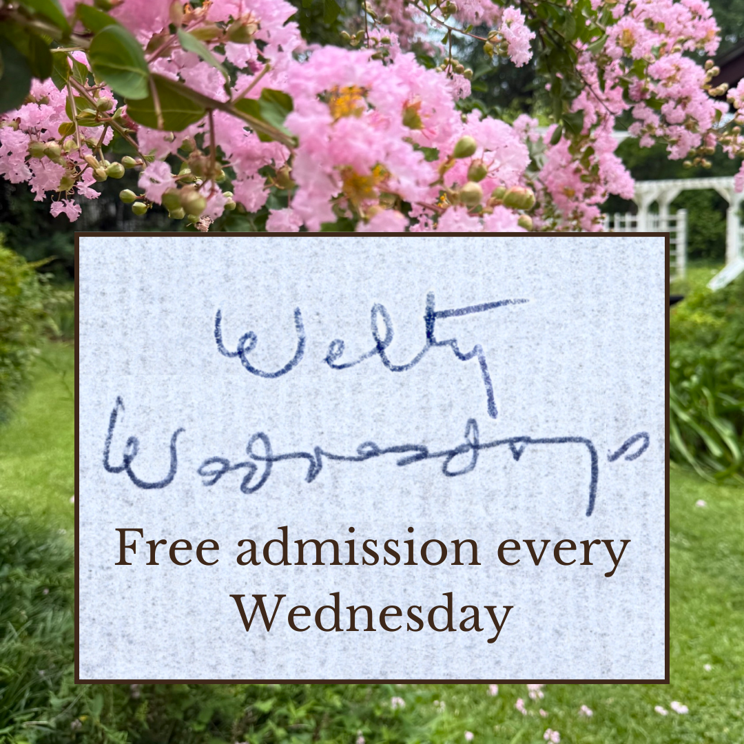 Promotional graphic for Welty Wednesdays: foreground features a paper texture box with Eudora Welty's handwriting "Welty Wednesdays" and typed underneath "Free admission every Wednesday." Background is a picture of a pink Crape Myrtle bloom in the Eudora Welty Garden.